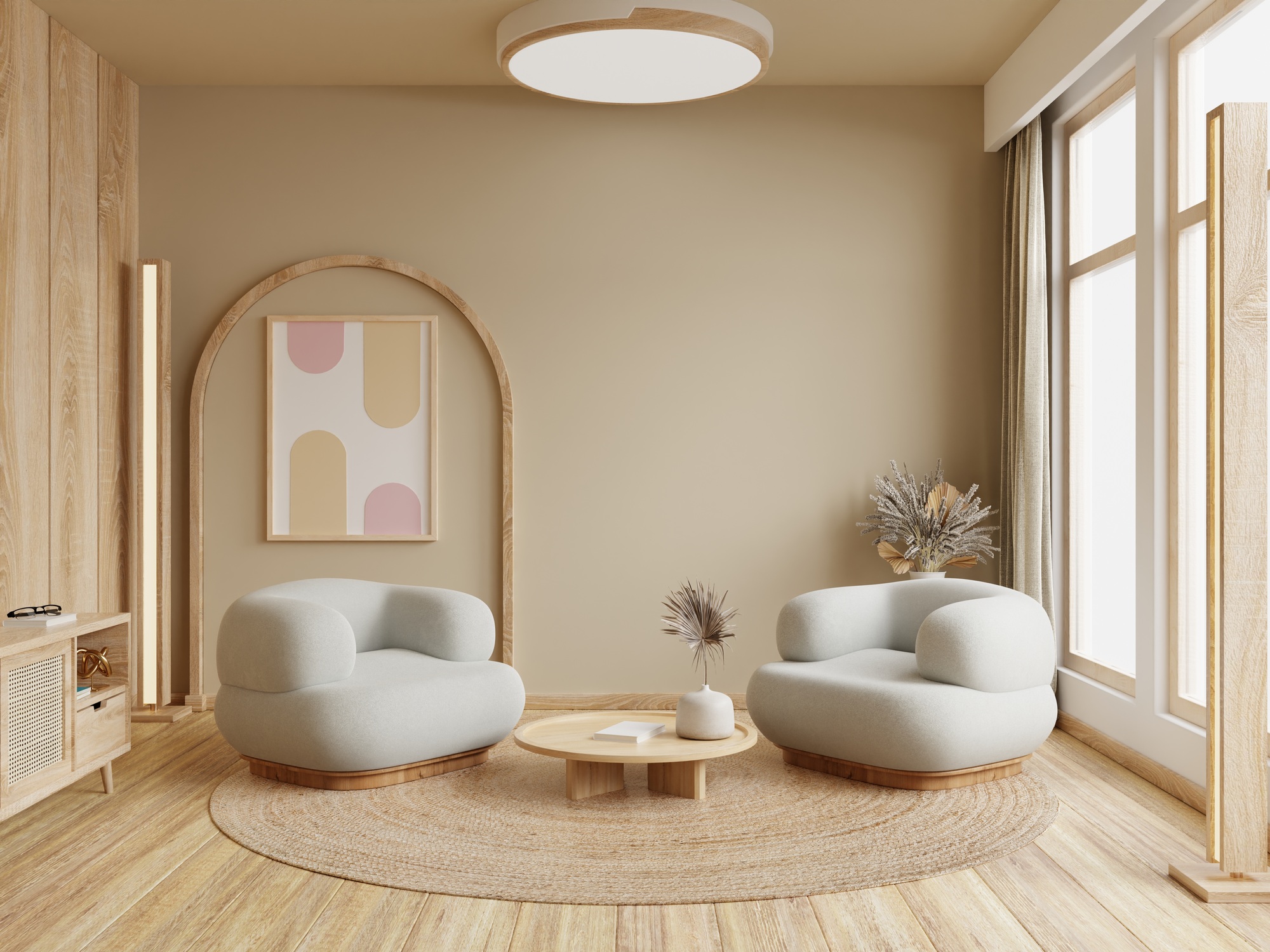 Minimalist Japanese-style living room with tatami mats, low wooden furniture, and a cream-colored wall creating a serene, uncluttered space